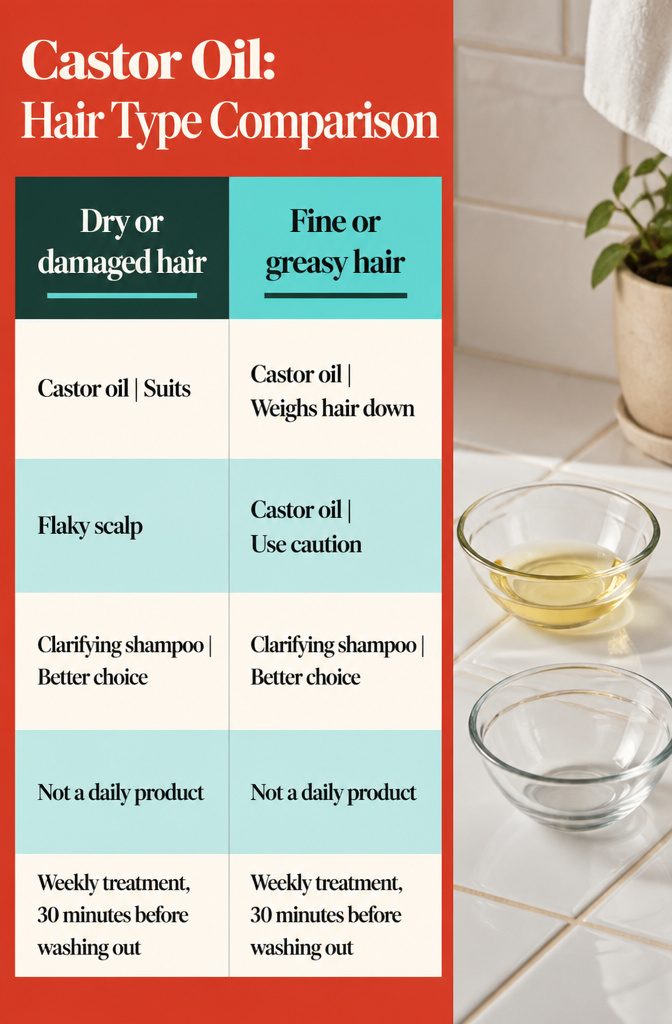 Hair type comparison graphic showing castor oil suitability