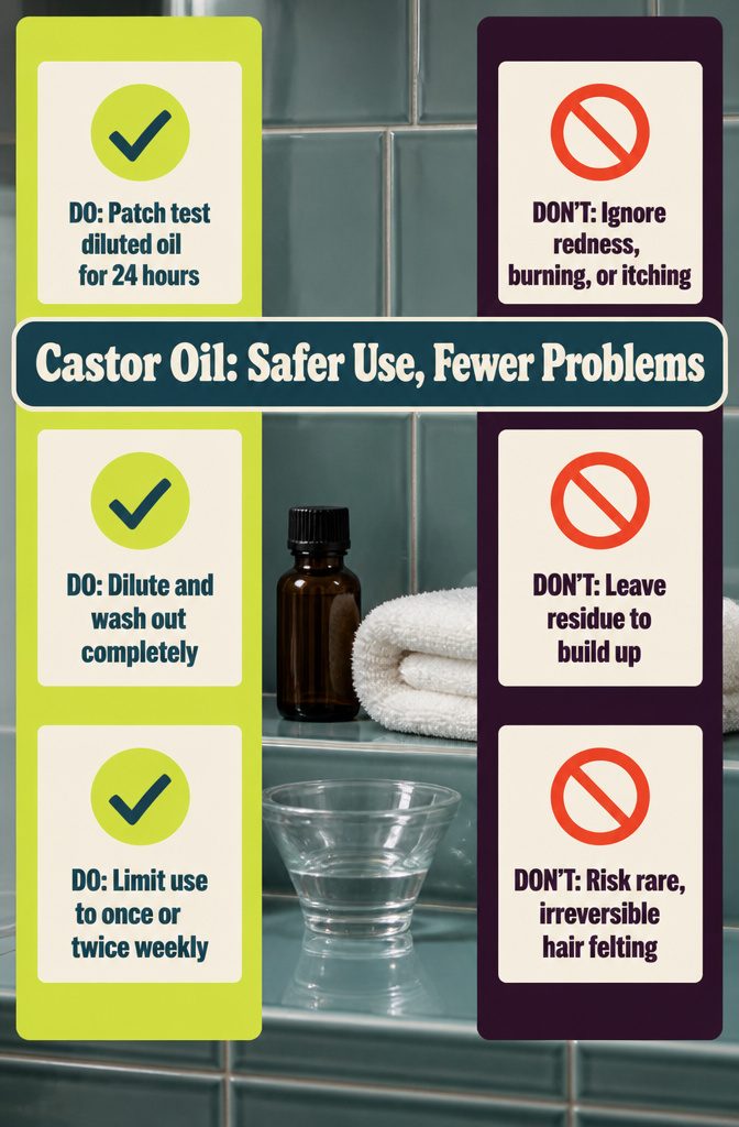 Beauty infographic titled Castor Oil: Safer Use, Fewer Problems