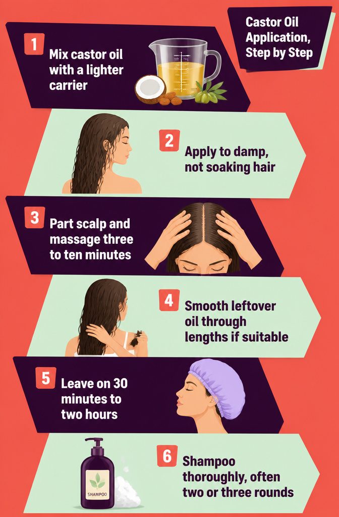 Beauty infographic titled Castor Oil Application, Step by Step