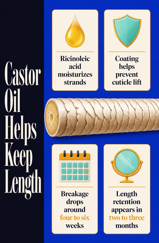 Beauty infographic titled Castor Oil Helps Keep Length