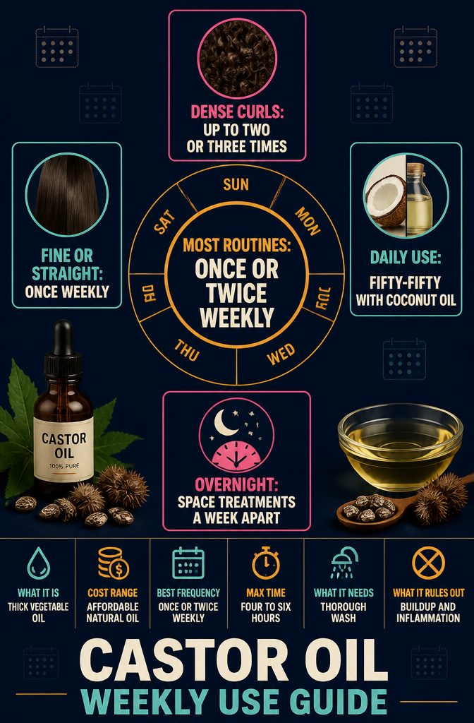 Beauty infographic titled Castor Oil Weekly Use Guide