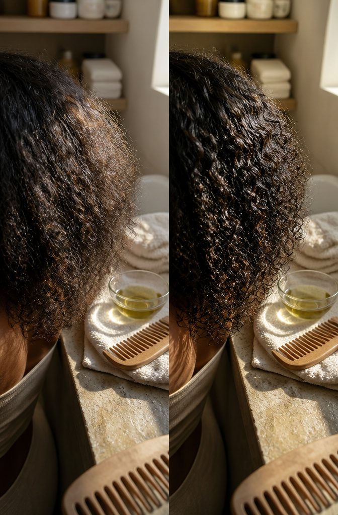 Hair strands coated with thick castor oil in a close-up beauty photograph