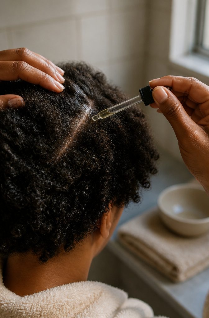 Beauty photograph illustrating castor oil use for hair care