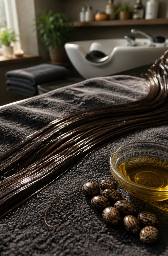 Glossy hair strands coated in thick oil on a dark textured towel beside a glass dish