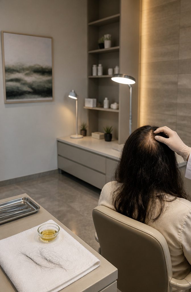 Beauty photograph illustrating castor oil hair care and persistent hair loss