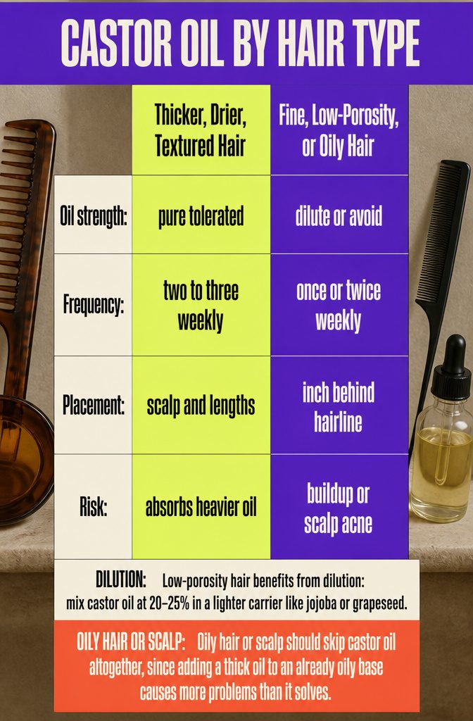 Beauty infographic titled Castor Oil by Hair Type