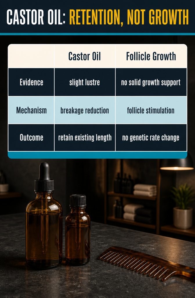 Beauty infographic titled Castor Oil: Retention, Not Growth