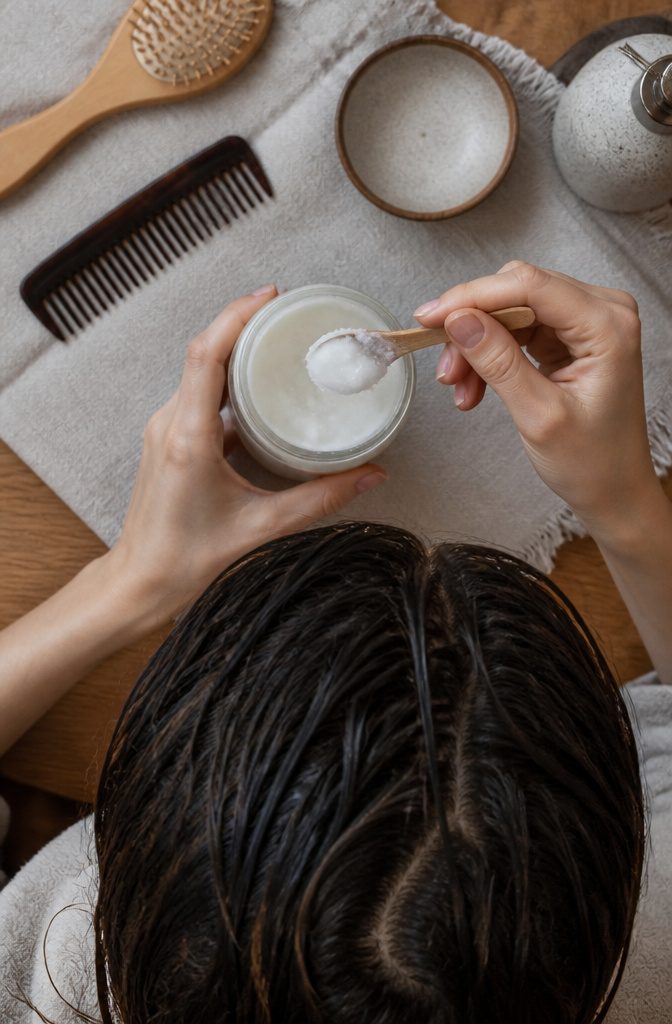 Coconut oil with hair mask ingredients arranged nearby