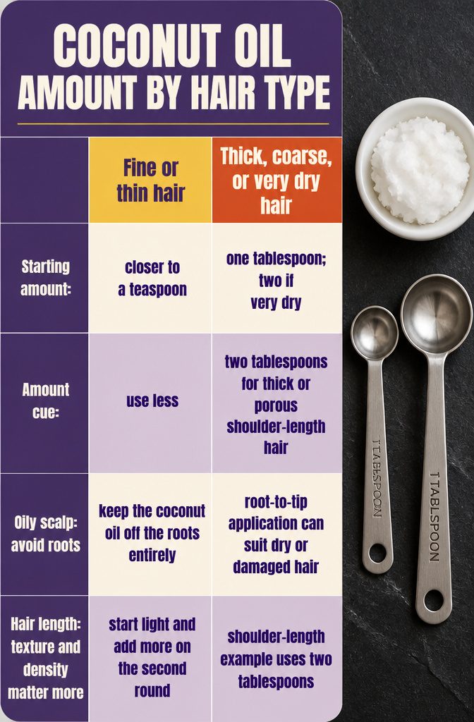 Beauty infographic listing coconut oil amounts for different hair types