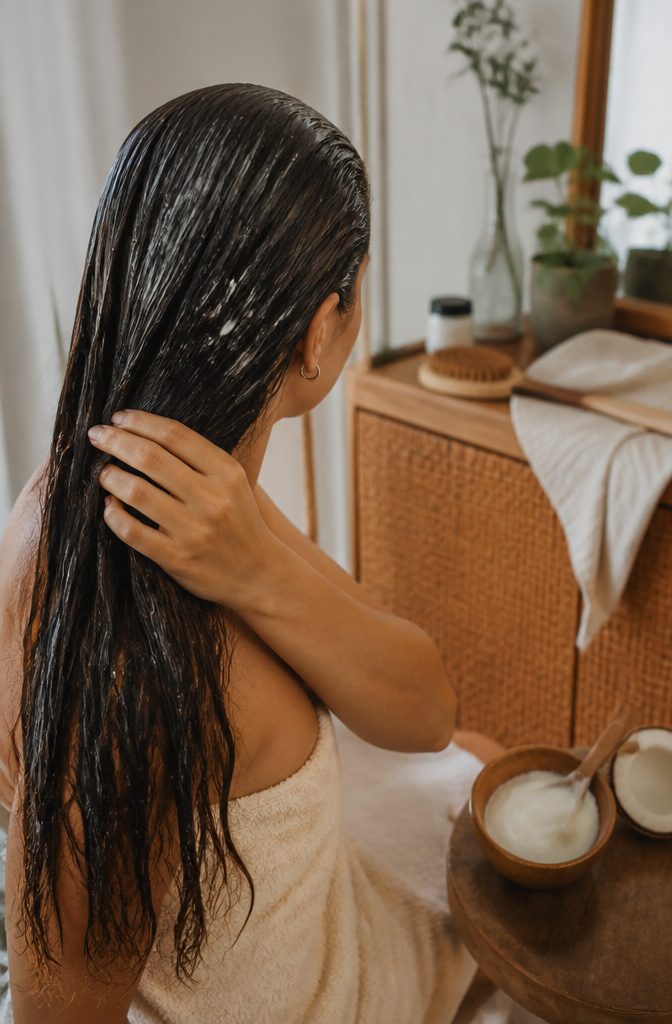 Person wearing a coconut oil hair mask during treatment