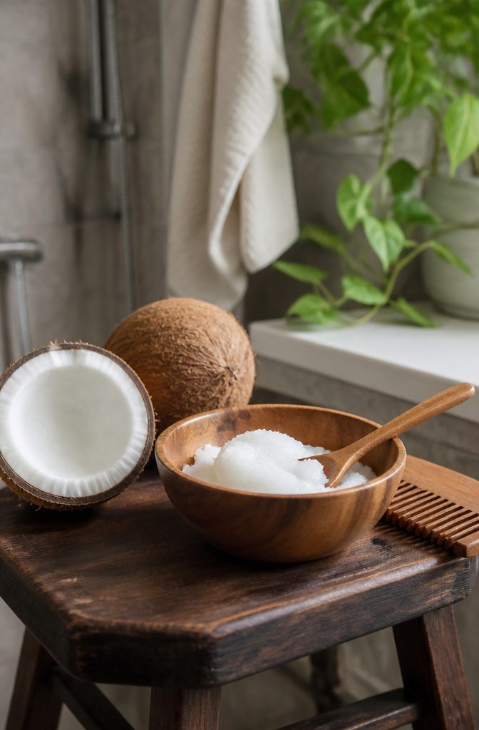 Shower cap covering hair coated with coconut oil before bed