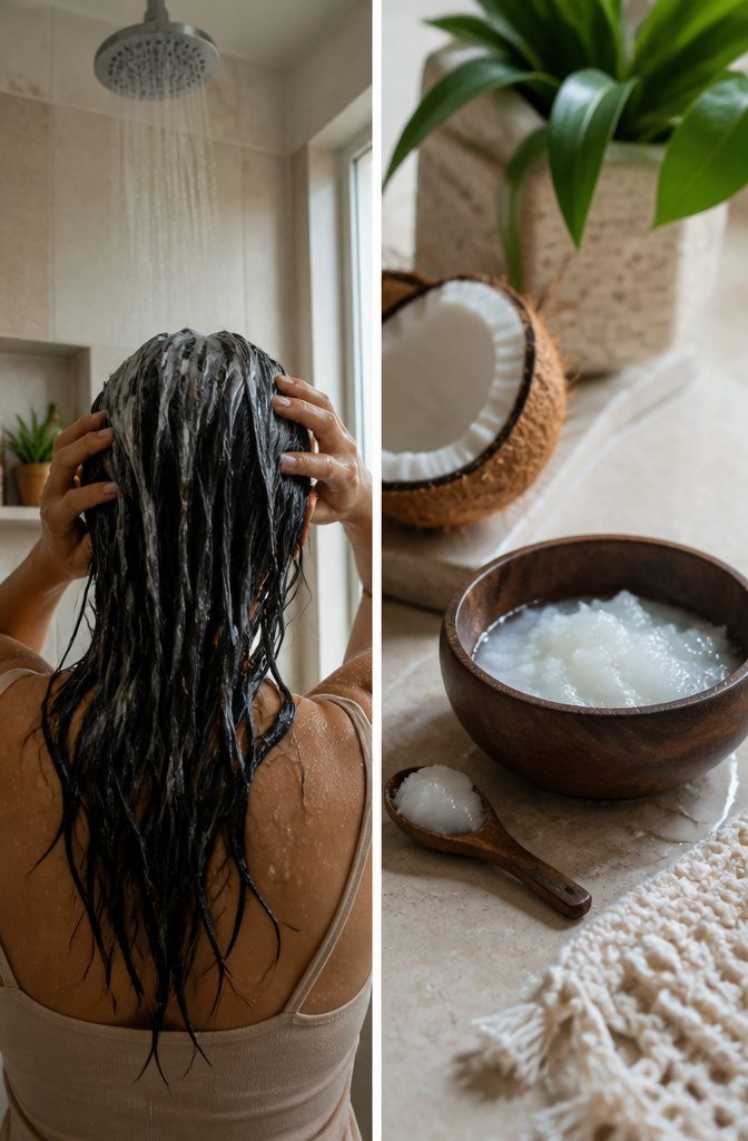 Shampoo and rinse supplies beside a coconut oil hair treatment