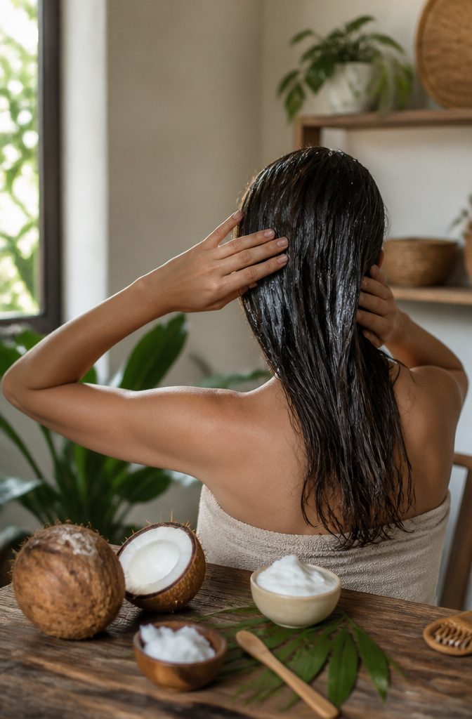 Hands applying coconut oil to the scalp and hair roots