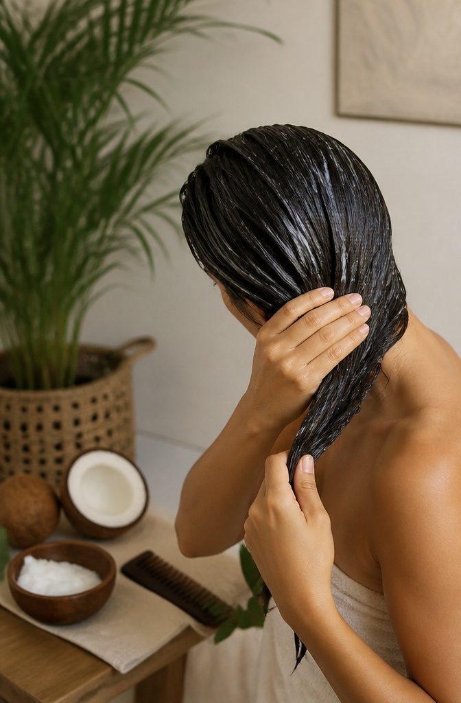 Bowl of coconut oil beside hair care supplies