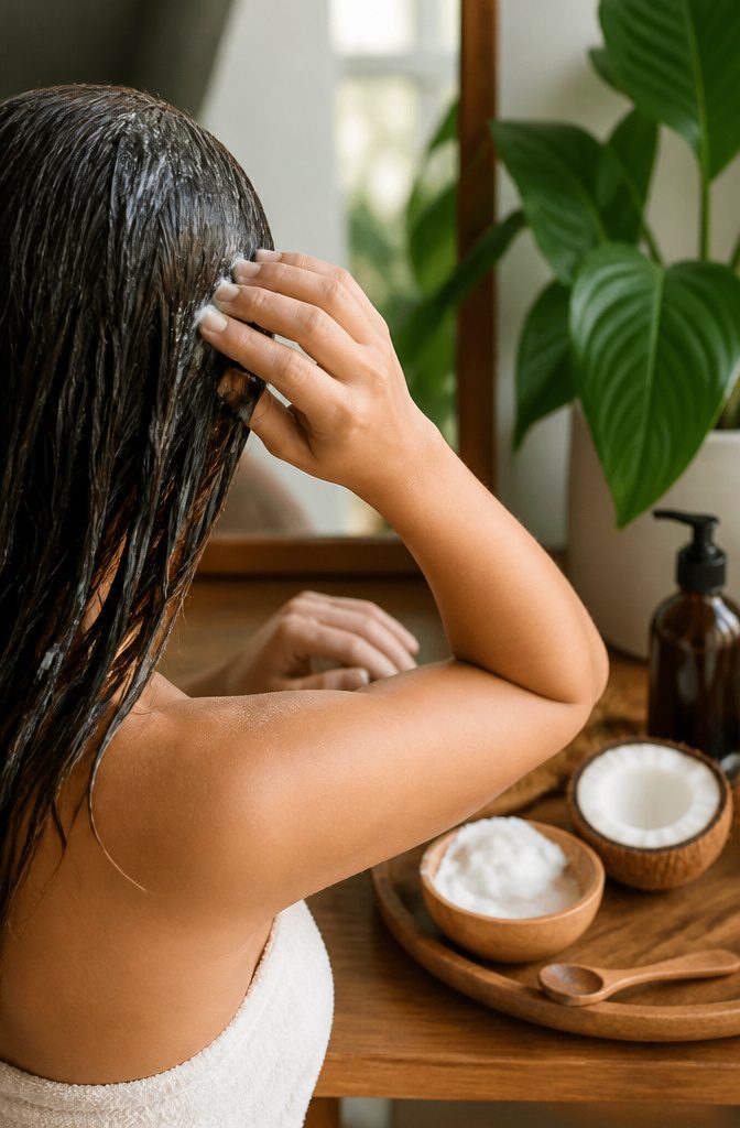 Coconut oil jar beside hair care items on a bathroom counter