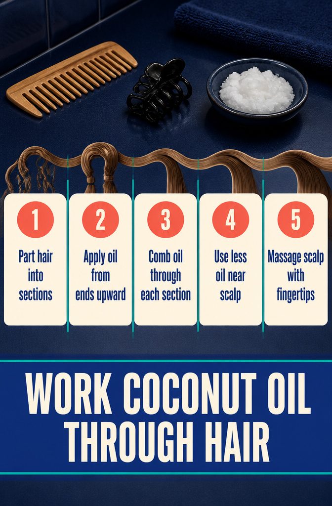 Beauty infographic showing steps for applying coconut oil to hair