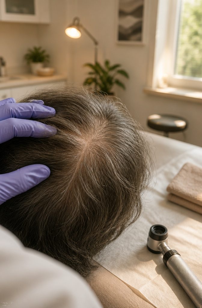 Older adult’s scalp with thinning hair and visible gray strands