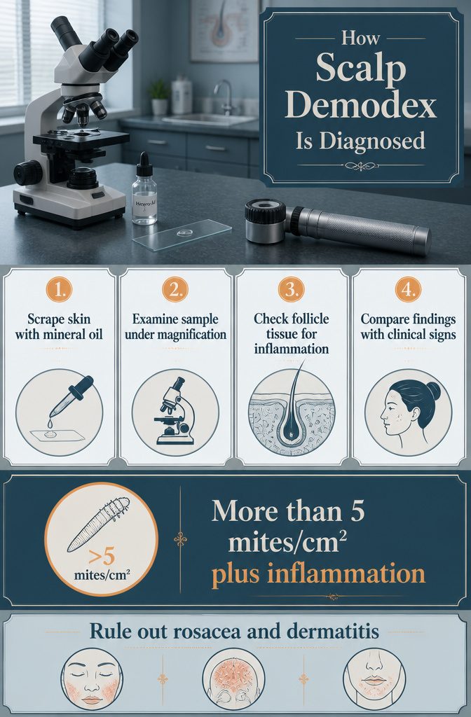 Beauty infographic titled How Scalp Demodex Is Diagnosed