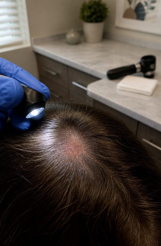 Scalp with a localized red patch, fine scales, sparse hair and tiny pustules
