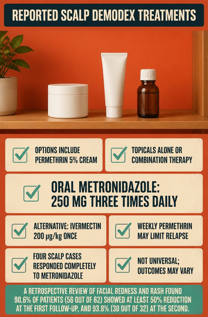 Beauty infographic titled Reported Scalp Demodex Treatments