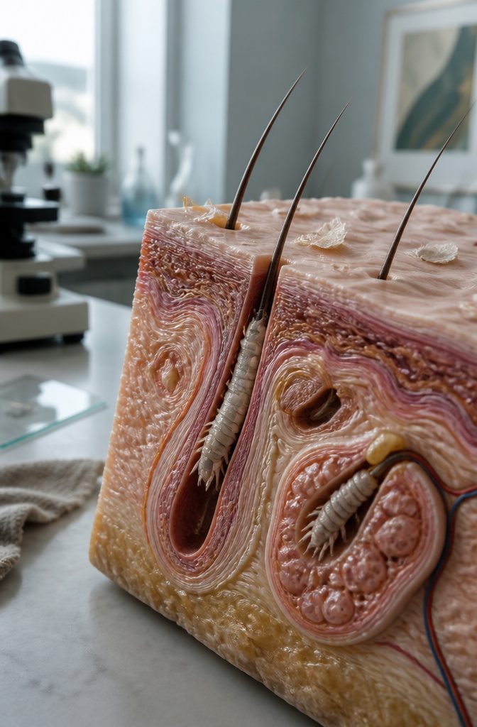 Scalp cross-section showing two mites beside a hair shaft and inside a sebaceous gland