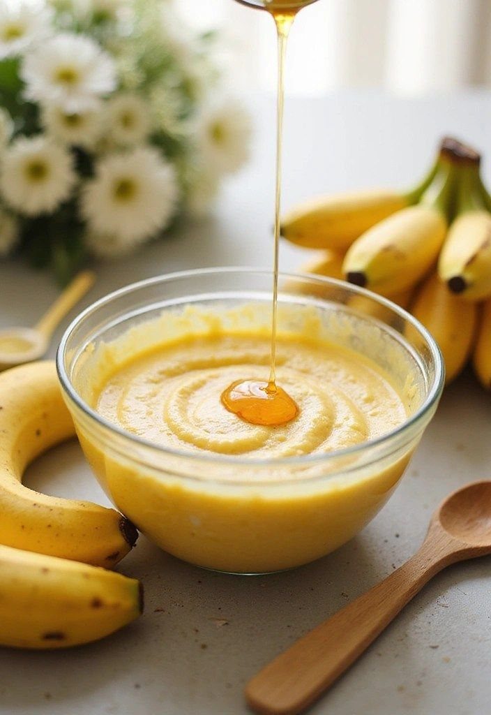Honey pouring into a bowl of mashed banana hair mask with fresh bananas.