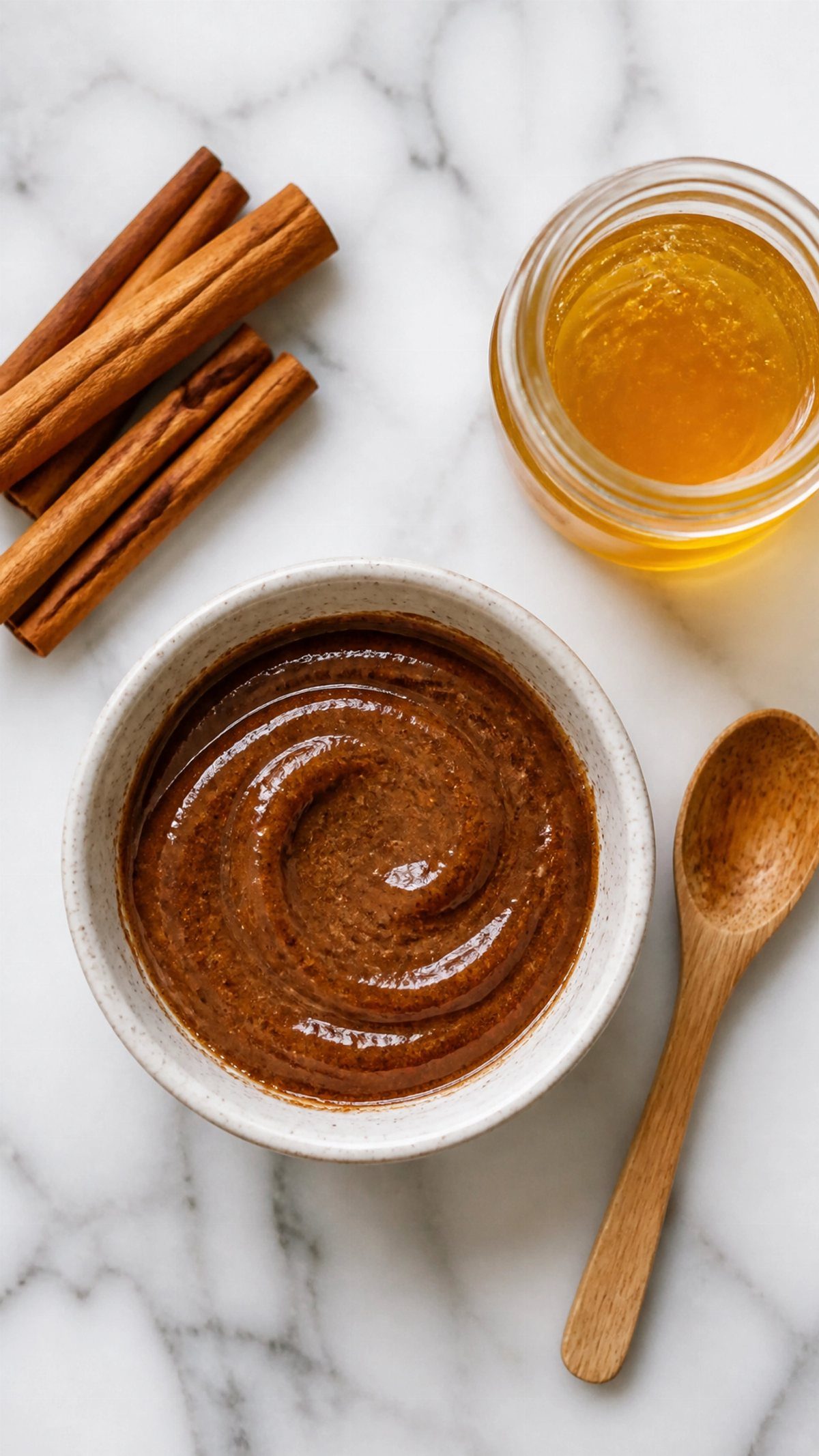 Brown hair mask paste with cinnamon sticks and honey on marble background
