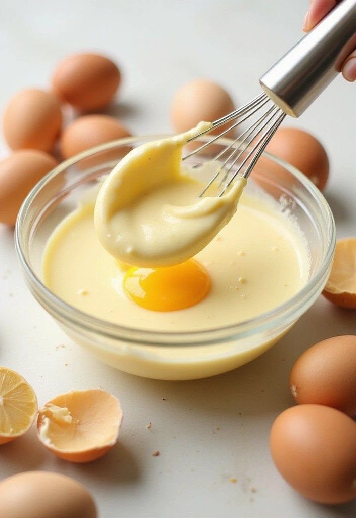 Creamy yellow hair mask mixture in a glass bowl with raw eggs and lemon.