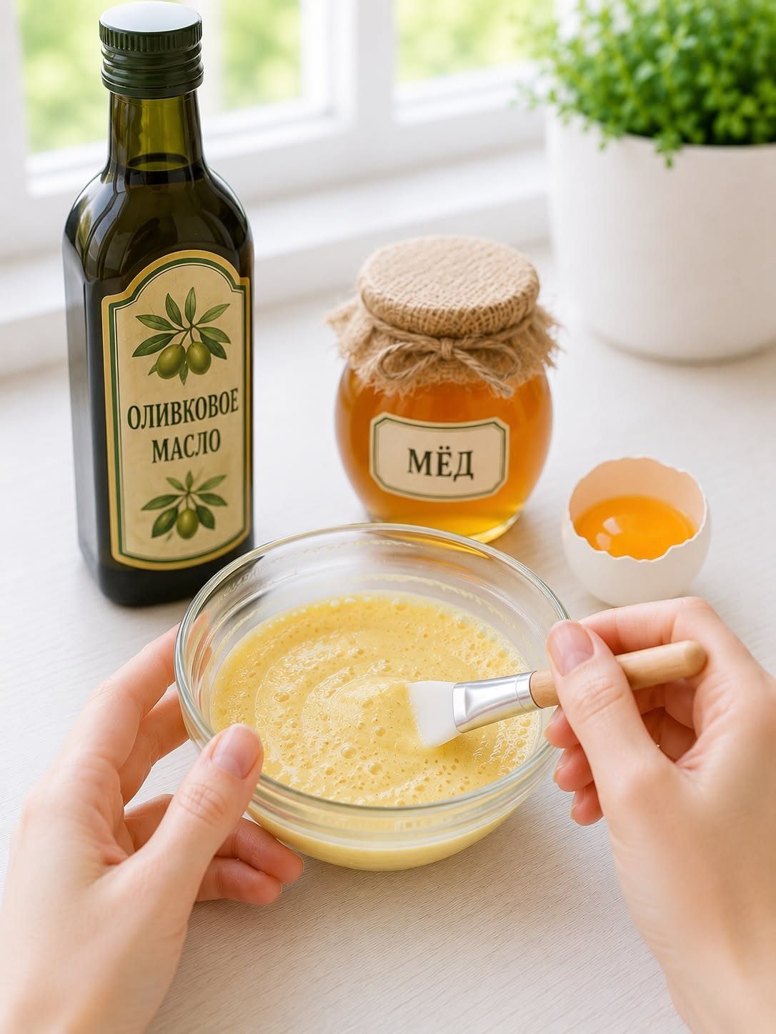 Hands mixing a yellow hair mask with olive oil, honey, and egg nearby.