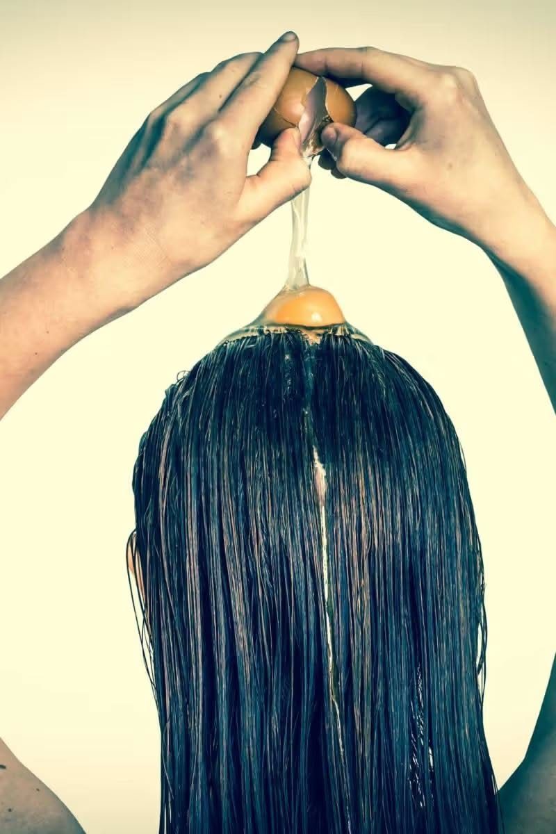 Hands cracking a raw egg over long wet dark hair for a treatment.