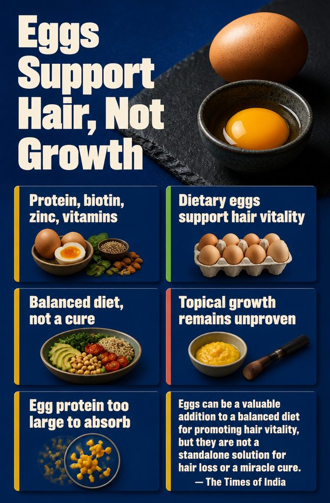 Beauty infographic contrasting egg support for hair health with growth claims