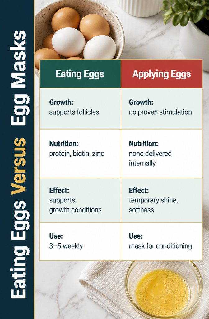 Beauty infographic comparing eggs eaten for hair health with egg hair masks