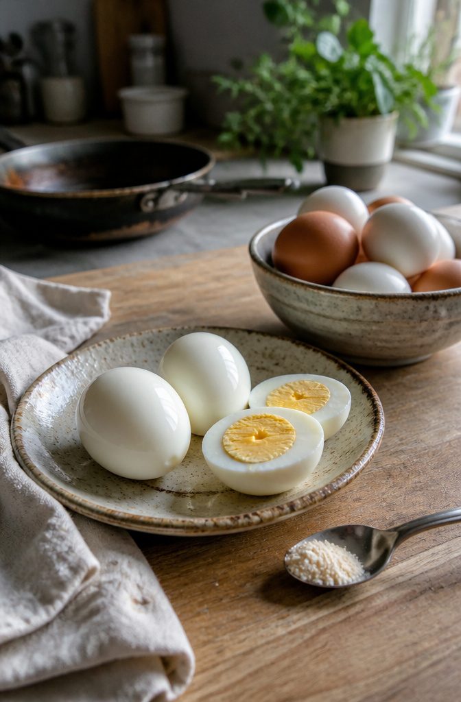 Eggs alongside a bowl of cooked eggshell membrane supplements