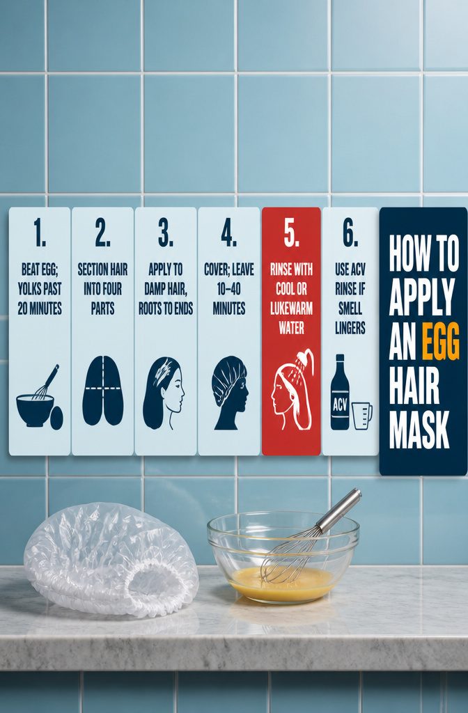 Beauty infographic with numbered steps for applying an egg hair mask