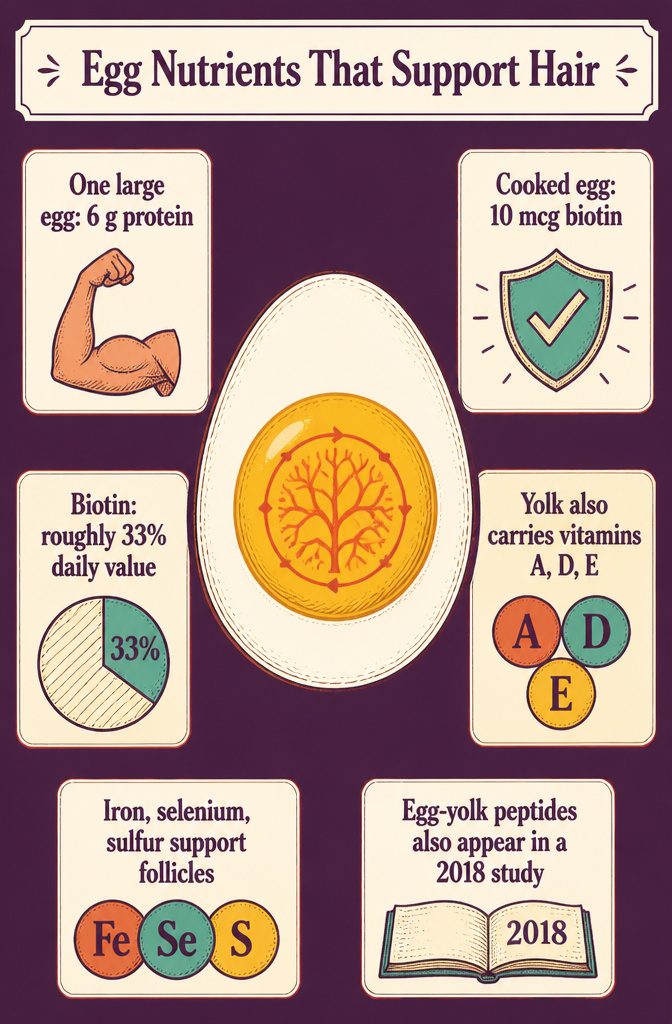 Beauty infographic listing egg protein biotin vitamins and minerals for hair