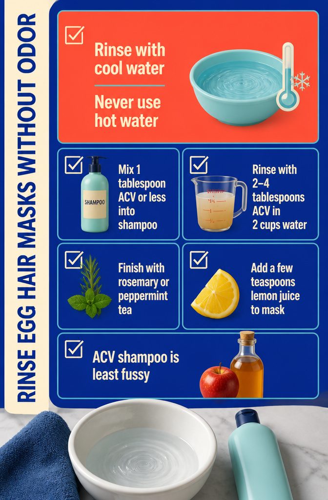 Beauty infographic with tips for rinsing egg masks and reducing odor