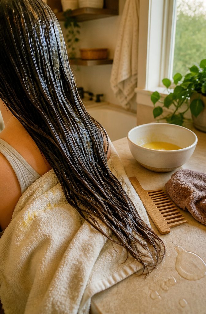 Smooth dark hair with slight gloss and fine flyaways over a pale towel
