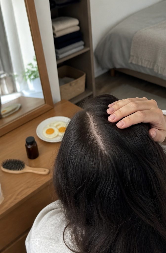 Hand parting dark hair to reveal crown thinning beside a hairbrush and bottle
