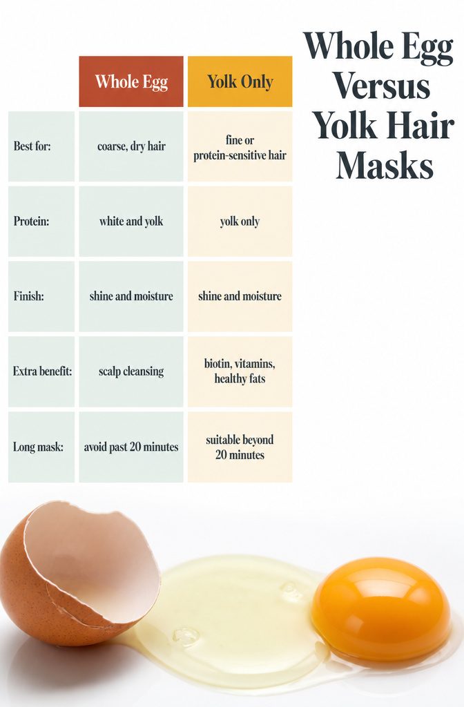 Beauty infographic comparing whole eggs egg yolks and whites for hair masks