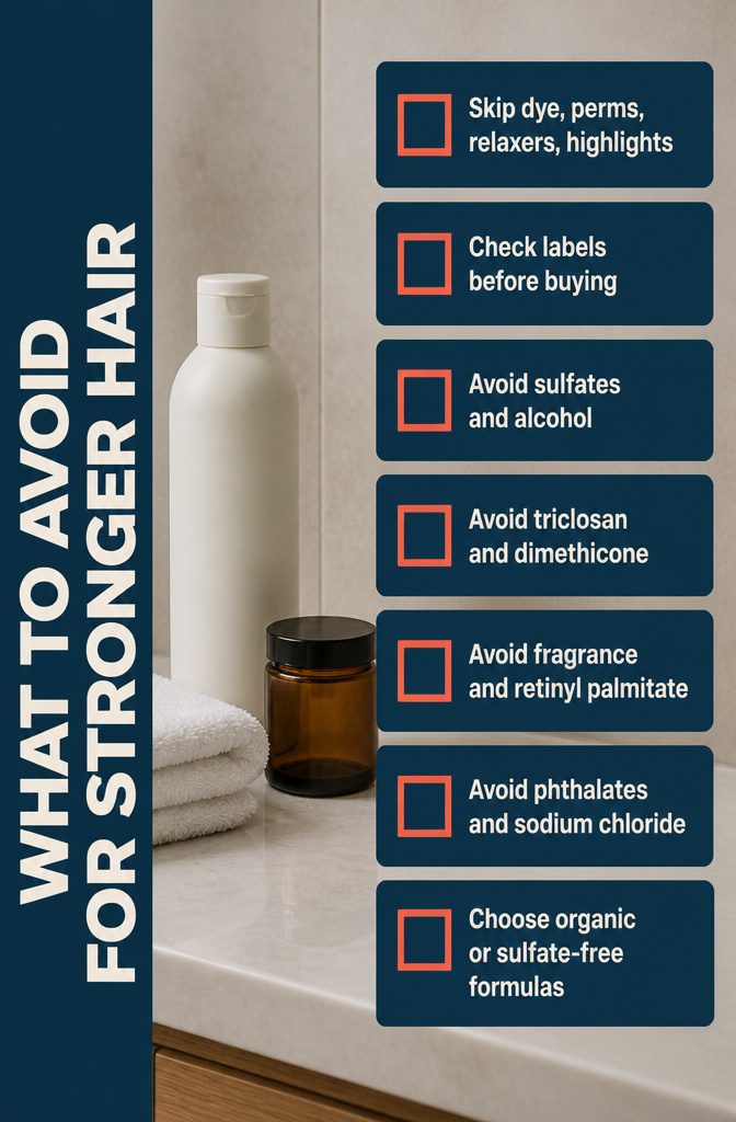 Beauty infographic titled What to Avoid for Stronger Hair