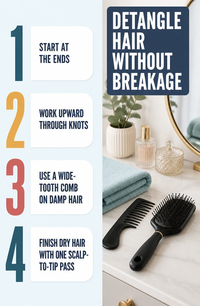 Beauty infographic showing a gentle hair detangling method