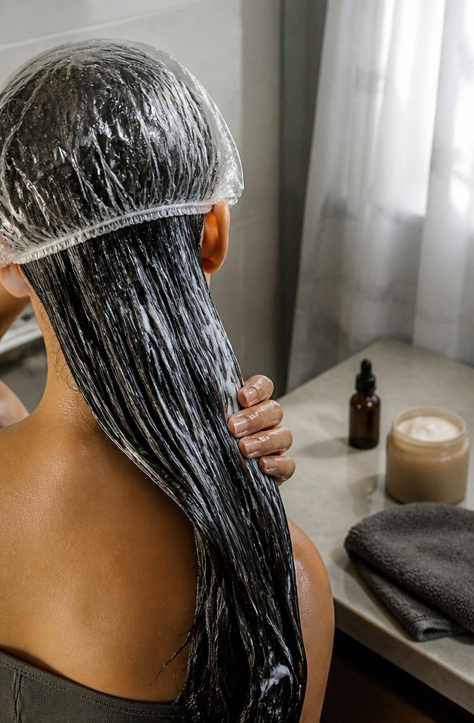 Hair mask applied to strands beside a treatment jar