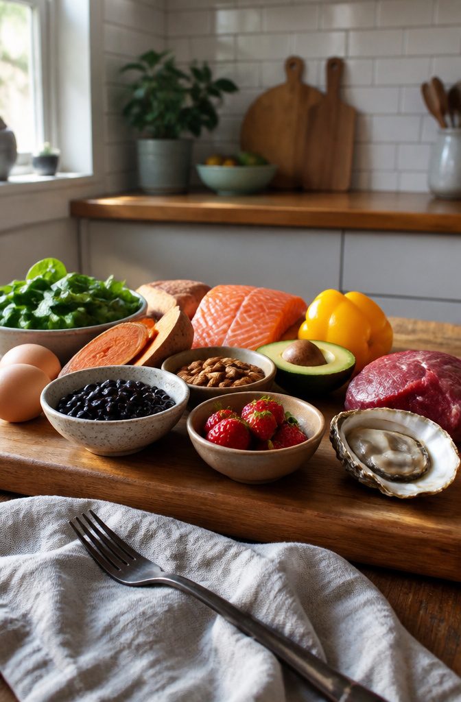 Eggs salmon spinach sweet potato avocado almonds and other foods on a wooden board
