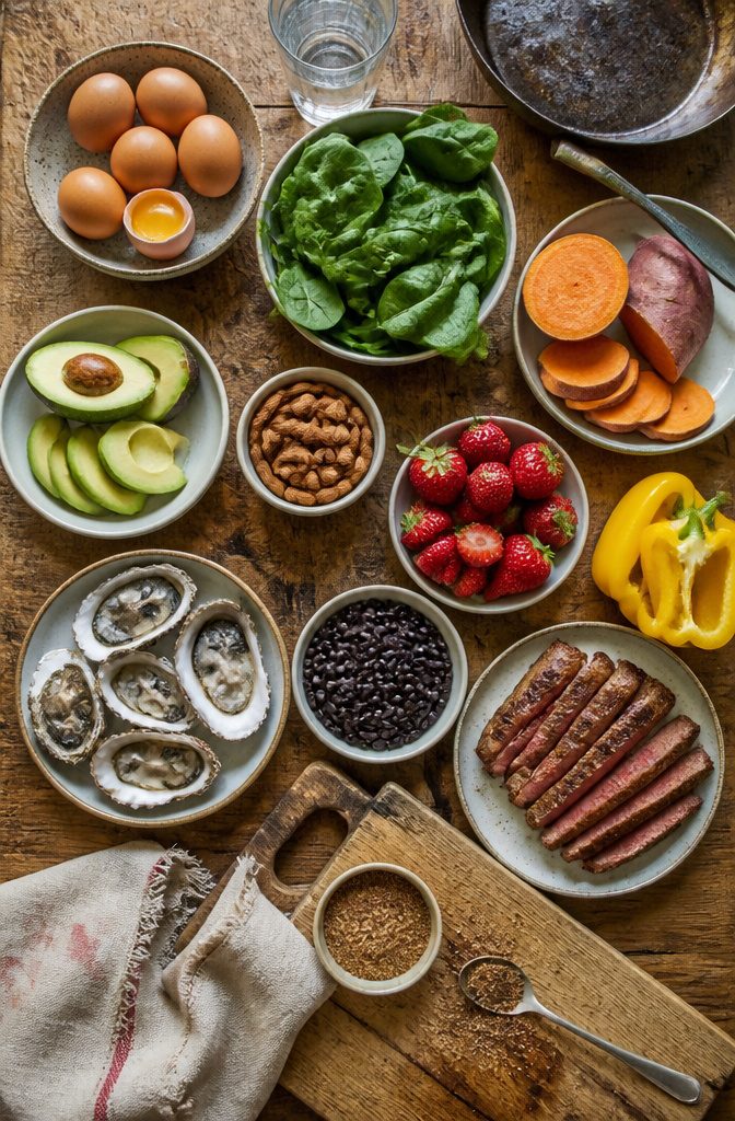 Eggs fish spinach sweet potato avocado strawberries and other foods arranged together