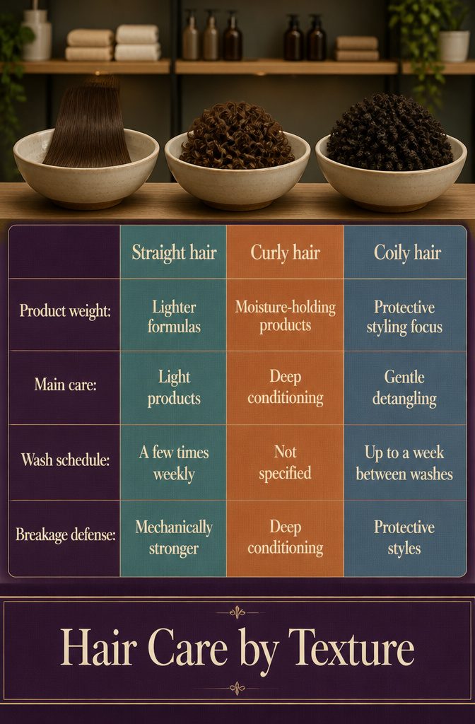 Beauty infographic comparing hair care by straight curly and coily texture