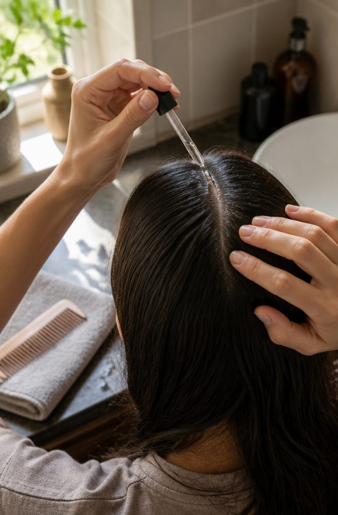 Clear scalp serum resting along parted hair with fingertips poised to massage