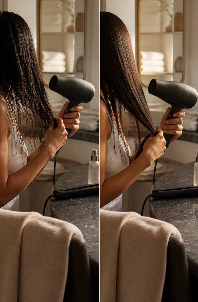 Hair protectant product beside a heated styling tool and strands of hair
