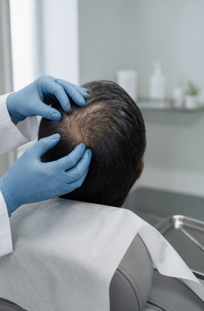 Dermatologist examining a patient's scalp and thinning hair