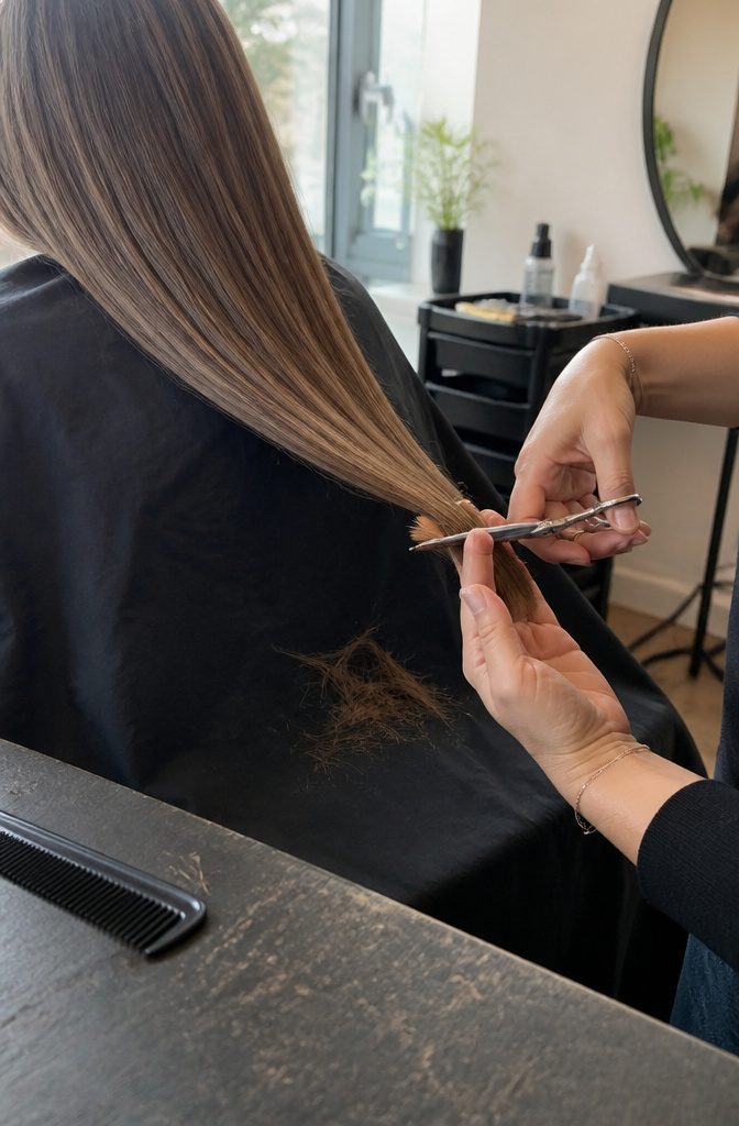 Stylist holding hair ends while scissors trim tips over a dark salon cape