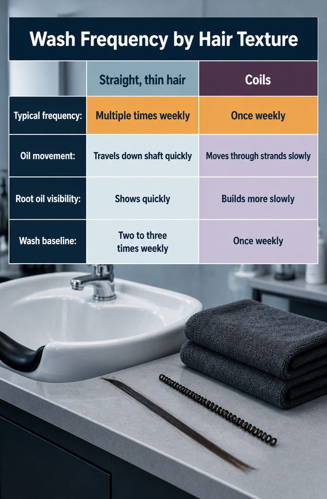 Beauty infographic comparing wash frequency for straight thin hair and coils